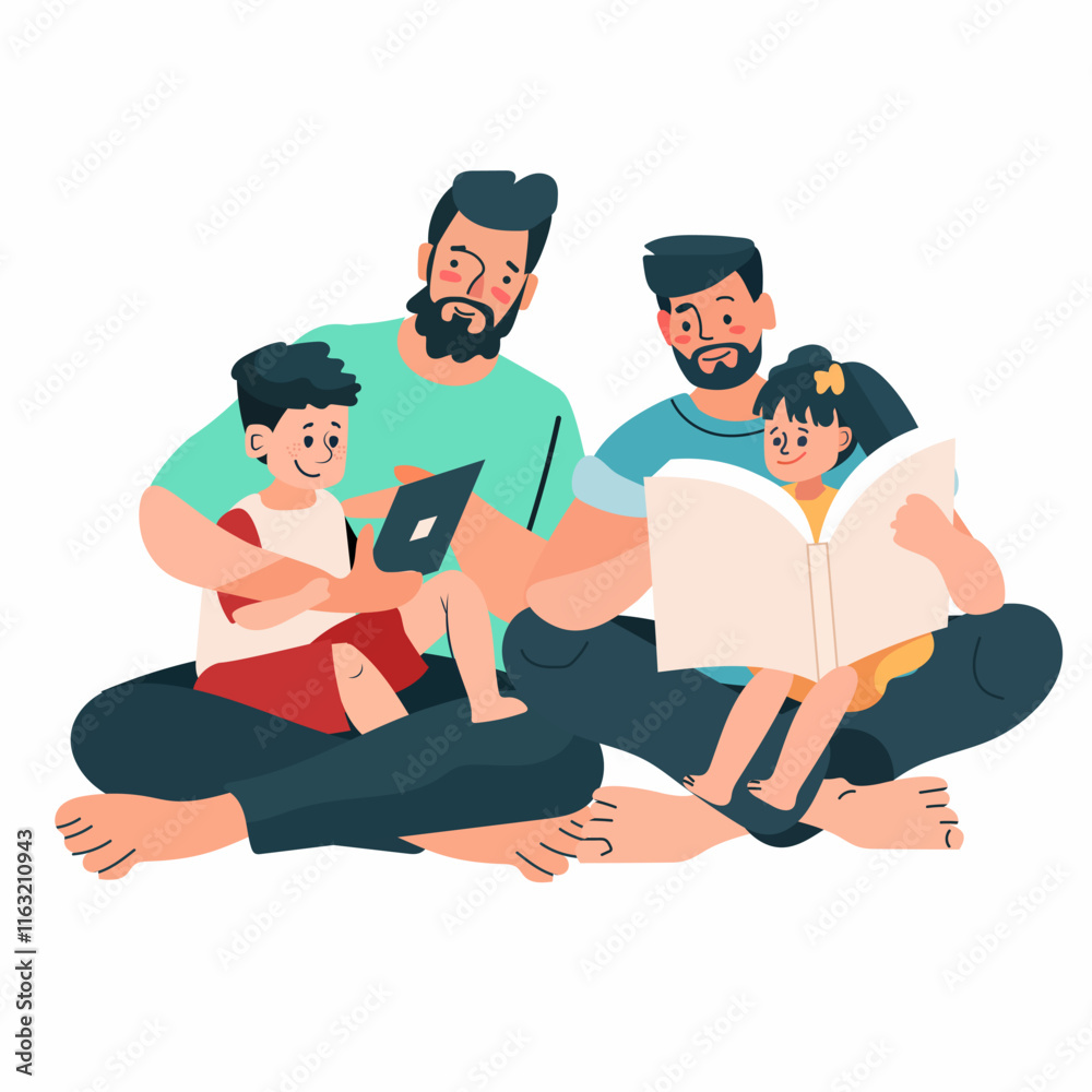 LGBTQ family reading together parenting concept two fathers children bonding sitting on floor one with tablet other with book colorful flat design LGBTQ family reading together parenting concept two fathers children bonding sitting on floor one with tablet other with book colorful flat design