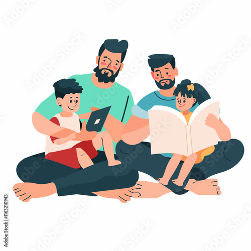 LGBTQ family reading together parenting concept two fathers children bonding sitting on floor one with tablet other with book colorful flat design