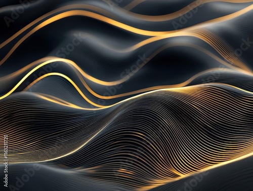 A visually striking abstract design featuring flowing waves of black and gold, creating a sense of depth and movement.