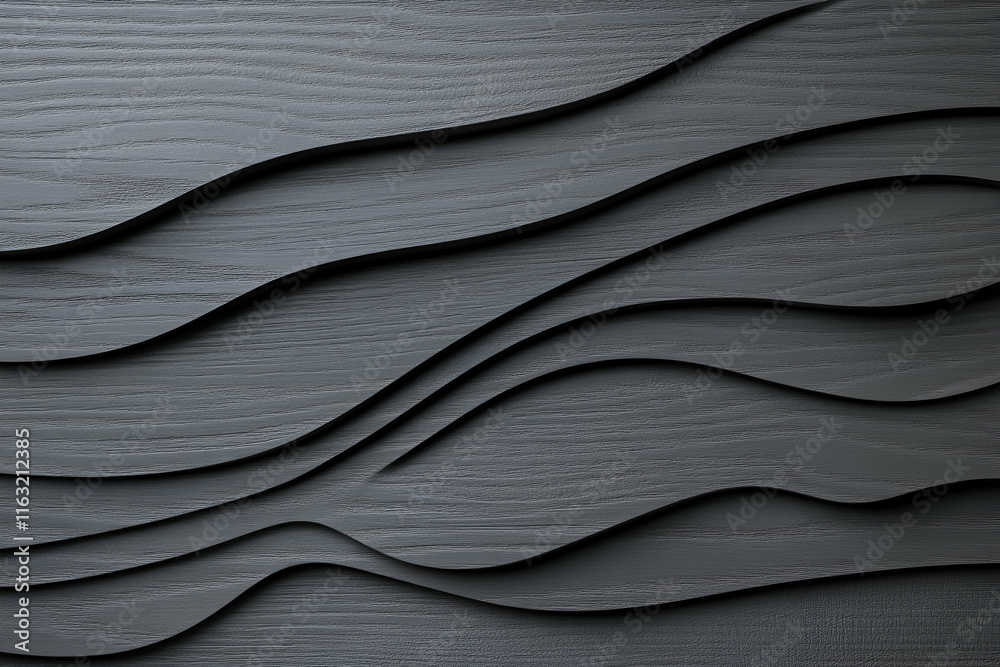 Fototapeta premium Dark Gray Abstract Wood Texture with Layered Waves, Creating a Stylish and Modern Background Design, Appearing Smooth and Elegant.