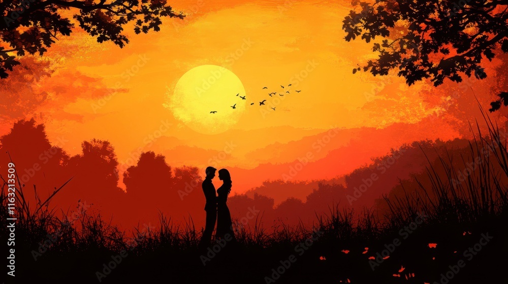 Silhouette Couple at Sunset Romantic Landscape Painting Orange Hues Romantic Artwork Silhouette Couple at Sunset Romantic Landscape Painting Orange Hues Romantic Artwork