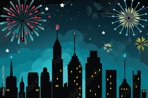 A breathtaking midnight city skyline, vibrant fireworks exploding over gleaming skyscrapers and illuminated bridges.