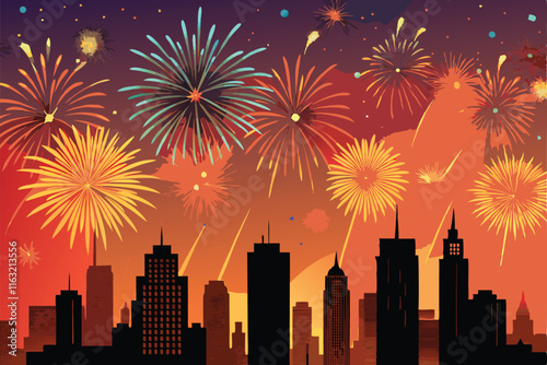 Midnight city skyline ablaze with vibrant fireworks bursting over glittering skyscrapers and dark waters.