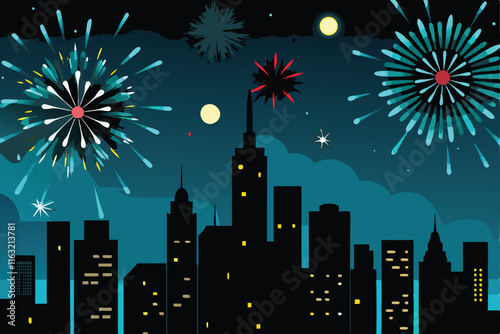 A vibrant, detailed cityscape at midnight, ablaze with a spectacular fireworks display bursting over towering skyscrapers.