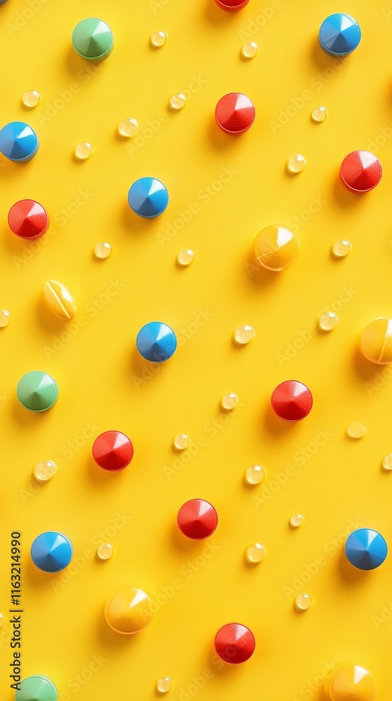 A flat lay of colorful pills on a yellow background A flat lay of colorful pills on a yellow background