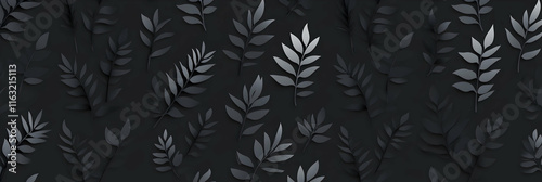 Wallpaper Mural Dark Botanical Seamless Pattern, Elegant Gray Leaves on Black Background, creating a sophisticated and moody design aesthetic. Torontodigital.ca