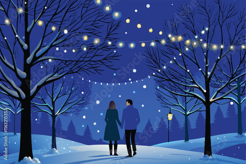 A romantic couple strolls hand-in-hand through a snow-dusted park at night, illuminated by soft streetlights.  The scene evokes a serene winter evening.