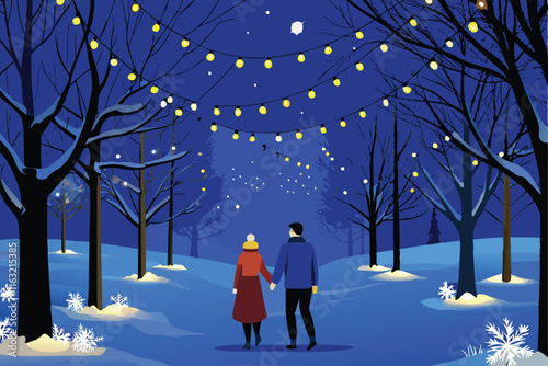 A romantic couple strolls hand-in-hand through a snow-dusted park at night, illuminated by soft streetlights.