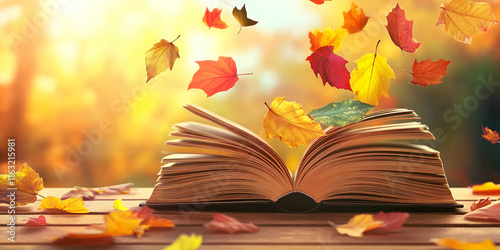 Autumn Leaves Dance on Open Book, Welcoming Cozy Reads in Golden Sunlight. Stories of Fall Adventures.