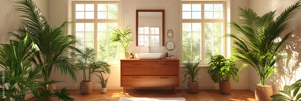 Naklejka premium Sunlit Bathroom Oasis, Lush Greenery Enhances Tranquil Space, Creating a Serene and Inviting Atmosphere.
