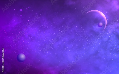 Space planets. Cosmos background with realistic nebula. Fantastic starry universe. Outer space wallpaper for poster or banner. Planet with eclipse effect. Abstract color galaxy. Vector illustration.