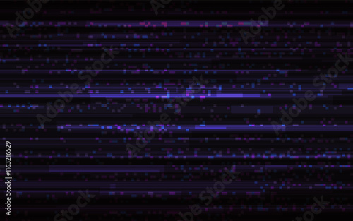 Glitch background. Digital video noise effect. Overlay lines and pixels. Bad signal distortion. Futuristic damage design. Modern cyberpunk texture. Playback error concept. Vector illustration.