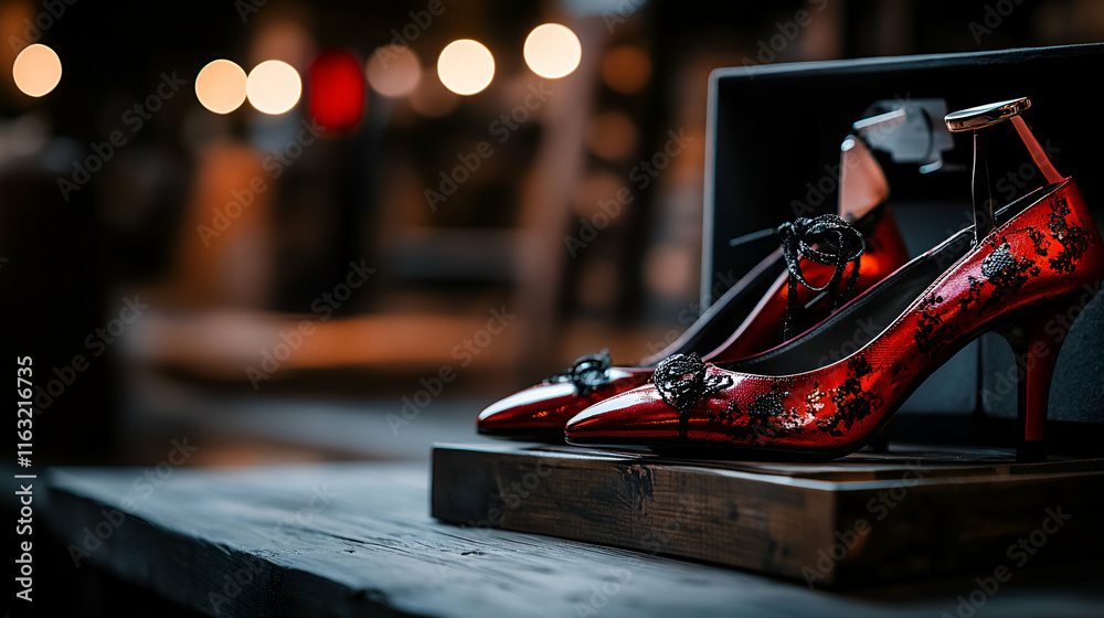 Naklejka premium Elegant Red High Heels with Lace Detail, Displayed on Wooden Surface in a Dark Setting. Fashionable Footwear Showcases Exquisite Craftsmanship, Perfect for Evening Events.