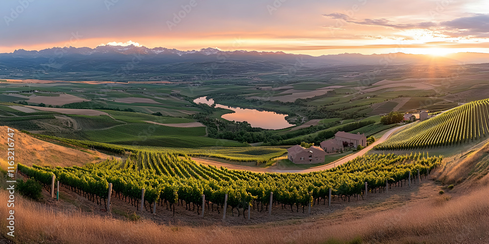 Fototapeta Vineyards Sunset, Rolling Hills, Serene Lake, Golden Hour
