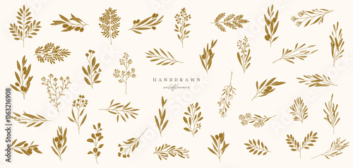 Hand Drawn Floral Branch, Flower Tattoo, Hand Drawn Minimalist Herb and Leaves, Botanical Greenery, Wedding Invitation Decoration, Natural Floral Background Isolated Vector