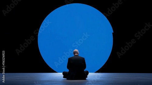 Contemplation Before the Blue: A lone figure in a suit sits cross-legged before a large, enigmatic blue circle, a scene filled with mystery and introspection. photo