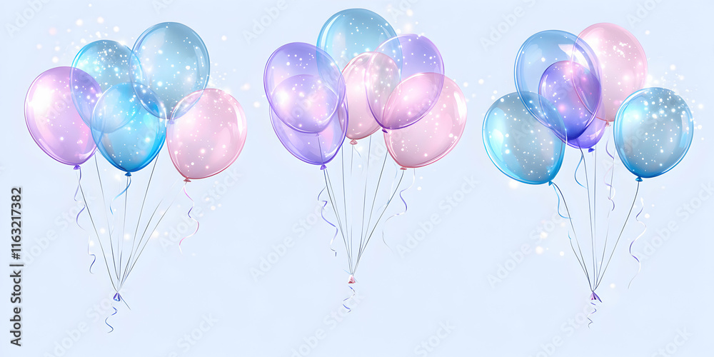 Obraz premium Pastel Balloons Float Upward, Sparkling Brightly. Festive celebration with pastel-colored balloons ascending, creating a joyful atmosphere.