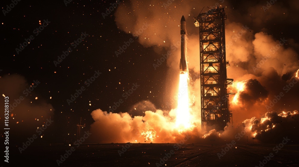 Fototapeta premium Night Launch of Rocket into Space: A Spectacle of Fire and Stars