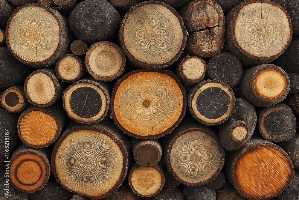 Stacked logs show variety of wood tones. Natural rustic wood pile displays circular cross-sections of different sized logs. Earthy, wooden texture pattern perfect for forestry projects. Logs provide Stacked logs show variety of wood tones. Natural rustic wood pile displays circular cross-sections of different sized logs. Earthy, wooden texture pattern perfect for forestry projects. Logs provide