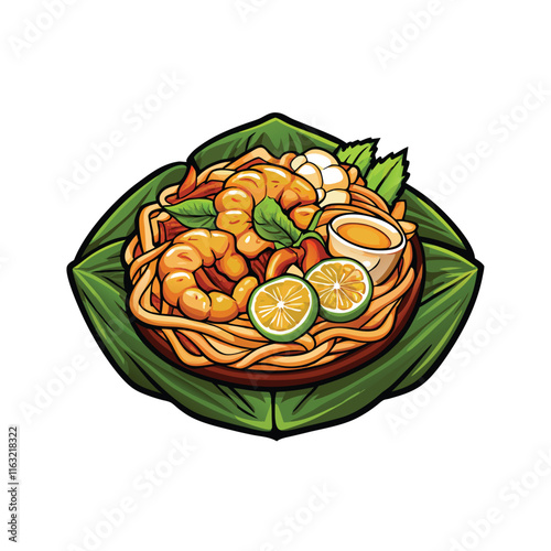 Create a highly detailed vector illustration of Pad Thai noodles artfully served inside a halved banana leaf, showcasing vibrant colors and textures.