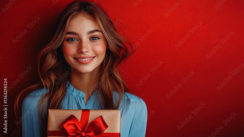 Fototapeta premium A cheerful young woman joyfully holding a beautifully wrapped gift box against a bold red backdrop, perfect for holiday promotions and celebrations.
