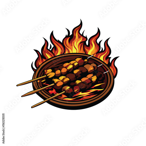 Create a highly detailed vector illustration of Thai Moo Ping (pork skewers), showcasing the marinated meat, grilling process, and appetizing presentation.