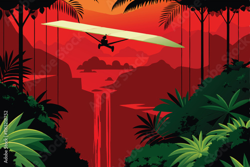 Create a vibrant vector illustration of a thrilling zip line adventure soaring through a lush, dense jungle canopy.  Show diverse jungle flora and fauna.