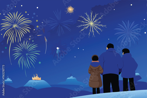 A heartwarming scene of a family, bundled in warm winter clothing, joyfully watching fireworks on a cold winter night.