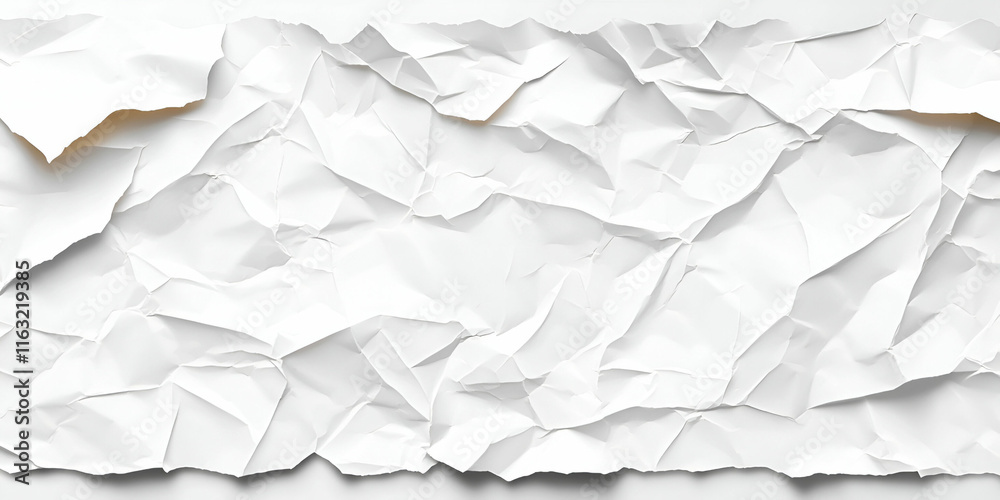 White Crumpled Paper Texture, Abstract Background Shows Wrinkles and Creases of a Sheet, Displaying a Distressed and Textured Surface. White Crumpled Paper Texture, Abstract Background Shows Wrinkles and Creases of a Sheet, Displaying a Distressed and Textured Surface.