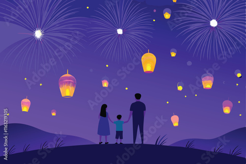 A heartwarming family releases glowing sky lanterns at dusk atop a serene hill, creating a magical, peaceful atmosphere.