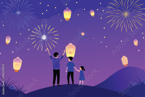 A heartwarming family releases glowing sky lanterns at dusk atop a serene hill, bathed in the soft light of the setting sun.