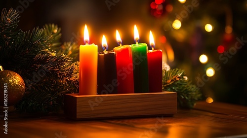 Elegant wooden kinara adorned with vibrant candles, casting a warm glow, beautifully celebrating Kwanzaa traditions and cultural heritage photo