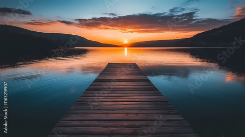 Wallpaper Mural Sunset over a calm lake with a wooden pier leading out into the water Torontodigital.ca