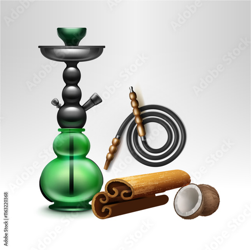 Vector big nargile for tobacco smoking made of metal and green glass with long hookah hose, charcoal. pineapple and coconut on dark background