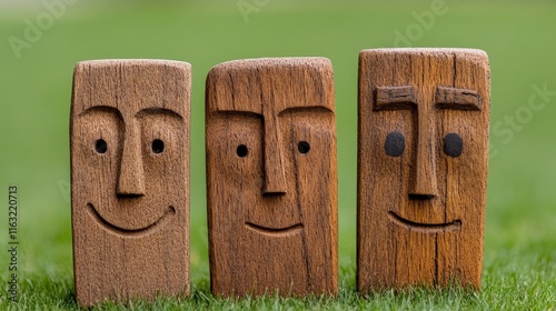 Wooden Faces in the Grass: Three rustic wooden carvings of faces, each with a unique expression, sit together on a lush green lawn.  The image evokes a sense of mystery and contemplation. photo