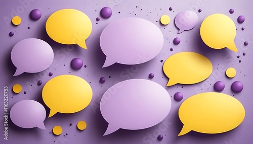 Abstract Speech Bubbles and Spheres on Purple Background
