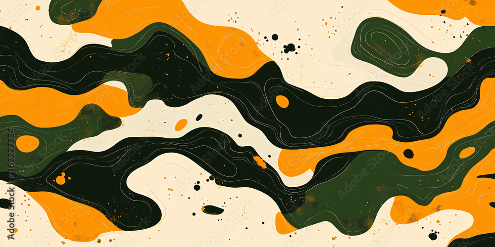 An abstract artwork featuring swirling, organic shapes in a vibrant palette of orange, green and cream. An abstract artwork featuring swirling, organic shapes in a vibrant palette of orange, green and cream.