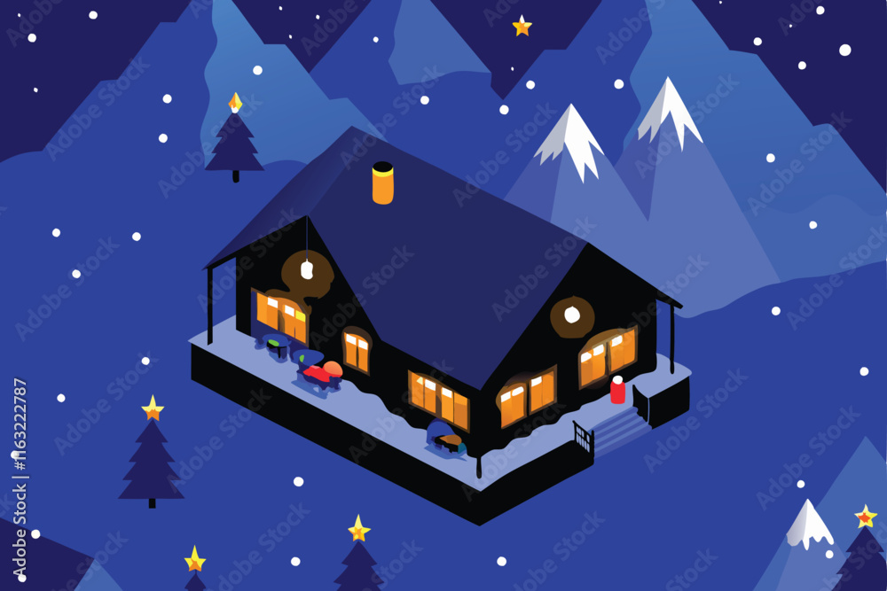 Fototapeta premium A picturesque snow-covered mountain chalet with a New Year's Eve (3) celebratory atmosphere.