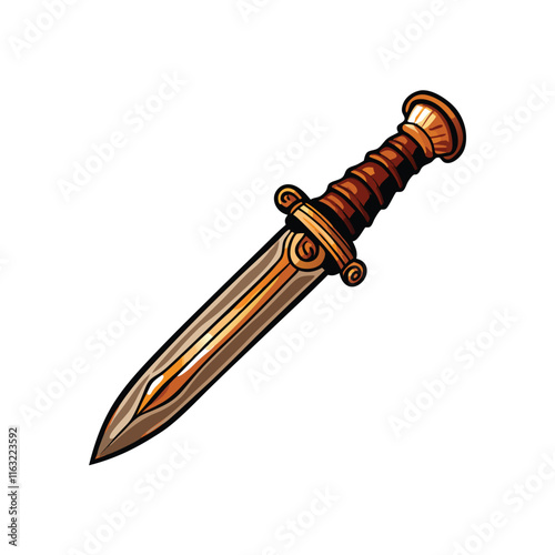 A meticulously detailed illustration of an ancient Roman gladius, emphasizing its short, stout blade and distinctive features.  Show the hilt and scabbard.