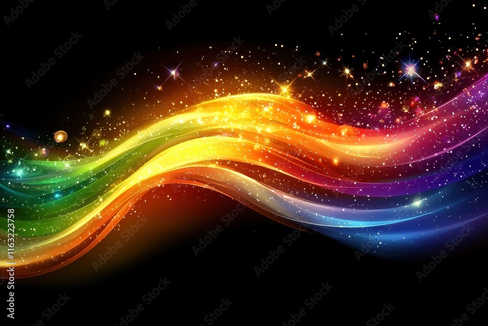 Obraz premium A luxurious full-frame design of holographic particles scattering radiant light in vibrant rainbow hues, illuminated by soft golden beams on a sleek black background. 