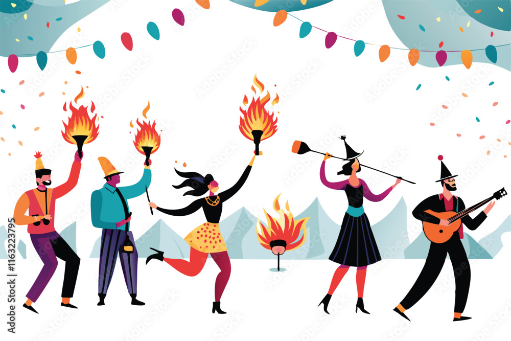 Vibrant New Year's Eve street party; jubilant crowd, street performers, colorful decorations, festive atmosphere, night scene. Vibrant New Year's Eve street party; jubilant crowd, street performers, colorful decorations, festive atmosphere, night scene.