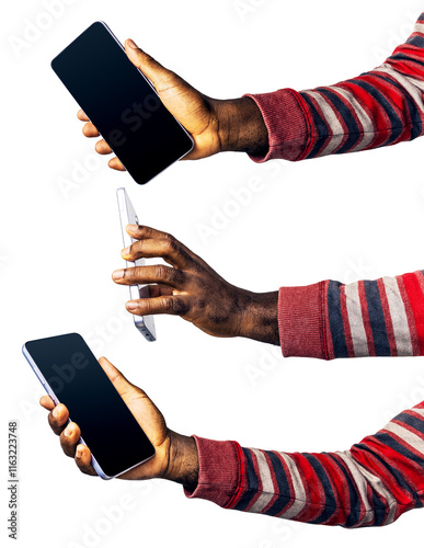 set of Black hands in red striped long sleeves sweater holding phone facing camera isolated on transparentbackground. blank screen, phone screen mockup, front view, clipping path, clipping mask
