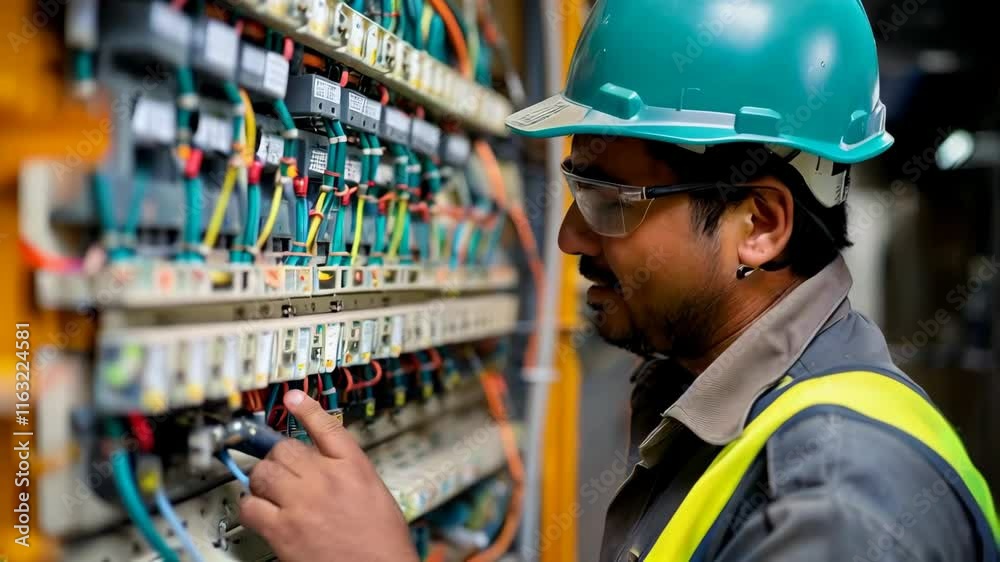 Happy electrician working on an electrical panel in the house