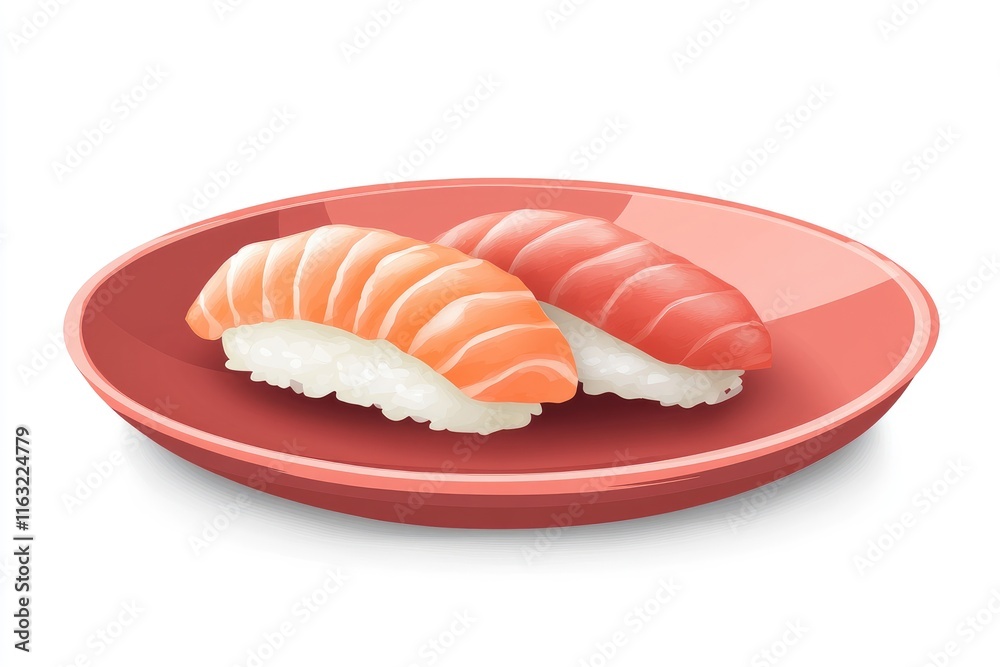 Two Pieces of Salmon Sushi on a Red Plate Two Pieces of Salmon Sushi on a Red Plate