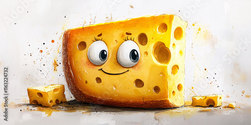 A cheerful cartoon cheese block with big eyes and a happy smile. photo