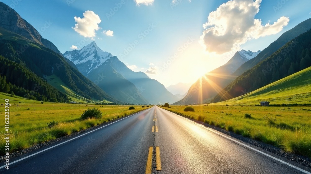 Naklejka premium Asphalt road leading towards a majestic mountain range during a vibrant sunset