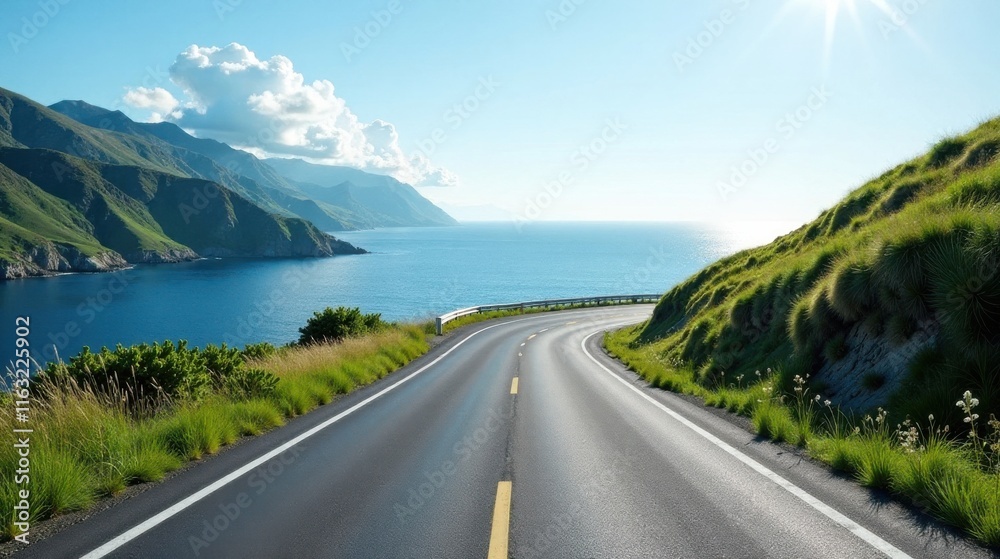 Scenic coastal highway winding along a tranquil ocean with lush green hillsides Scenic coastal highway winding along a tranquil ocean with lush green hillsides