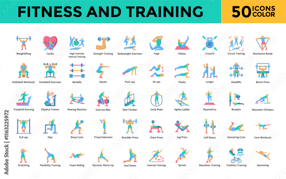 Fitness and Training icon set with weightlifting, cardio, high intensity interval training, strength training, bodyweight exercises, yoga, pilates, crossfit icon. Simple flat color vector
Fitness and Training icon set with weightlifting, cardio, high intensity interval training, strength training, bodyweight exercises, yoga, pilates, crossfit icon. Simple flat color vector