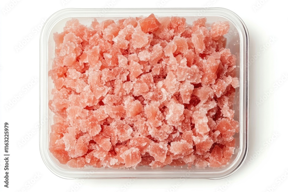 Frozen Pink Fruit Pieces In A Clear Container Frozen Pink Fruit Pieces In A Clear Container