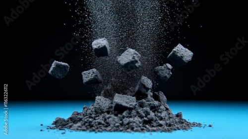 Charcoal Explosion: A dramatic visual of charcoal cubes exploding against a dark blue backdrop, capturing the energy and intensity of a sudden burst.  